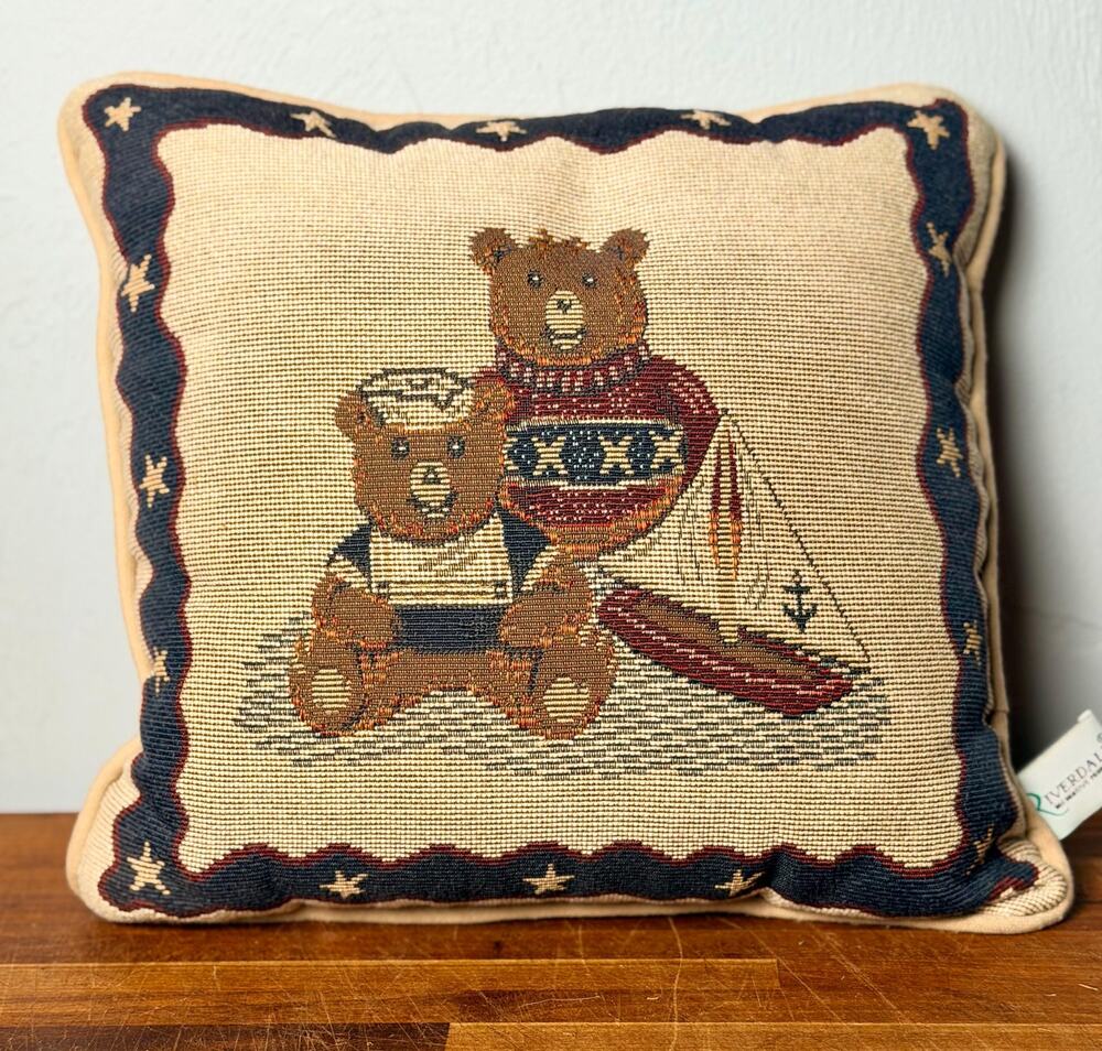Vintage Riverdale Teddy Bear Tapestry Pillow Nautical Sailboat Americana Coastal